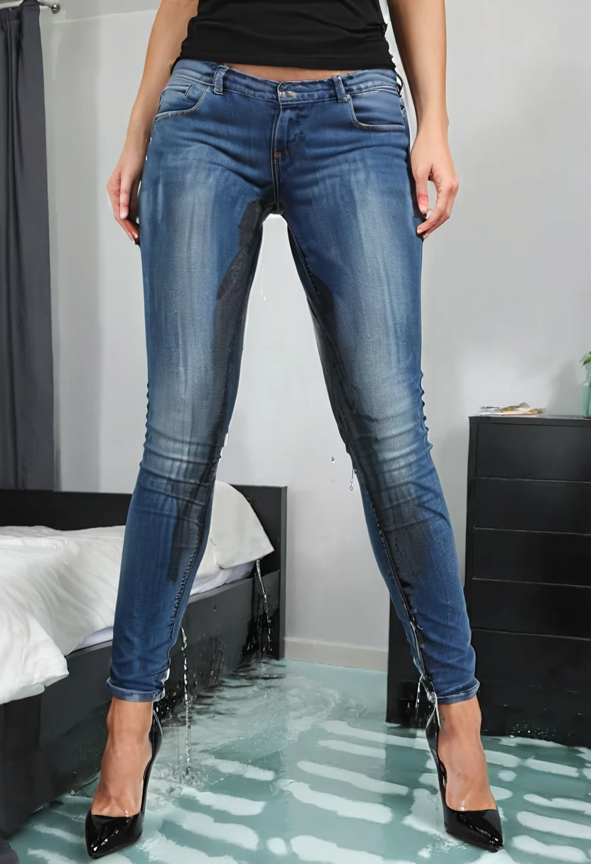 attractive blonde woman, ((light blue skinny jeans)), high heel pumps, black sports bra, standing in a bedroom, wetting, big smile, pee stains are gleaming wet, pee run down legs, shoes flooded with pee, show heels, (((head in frame))), lower legs of jeans soaking wet, a stream of pee flows between her legs