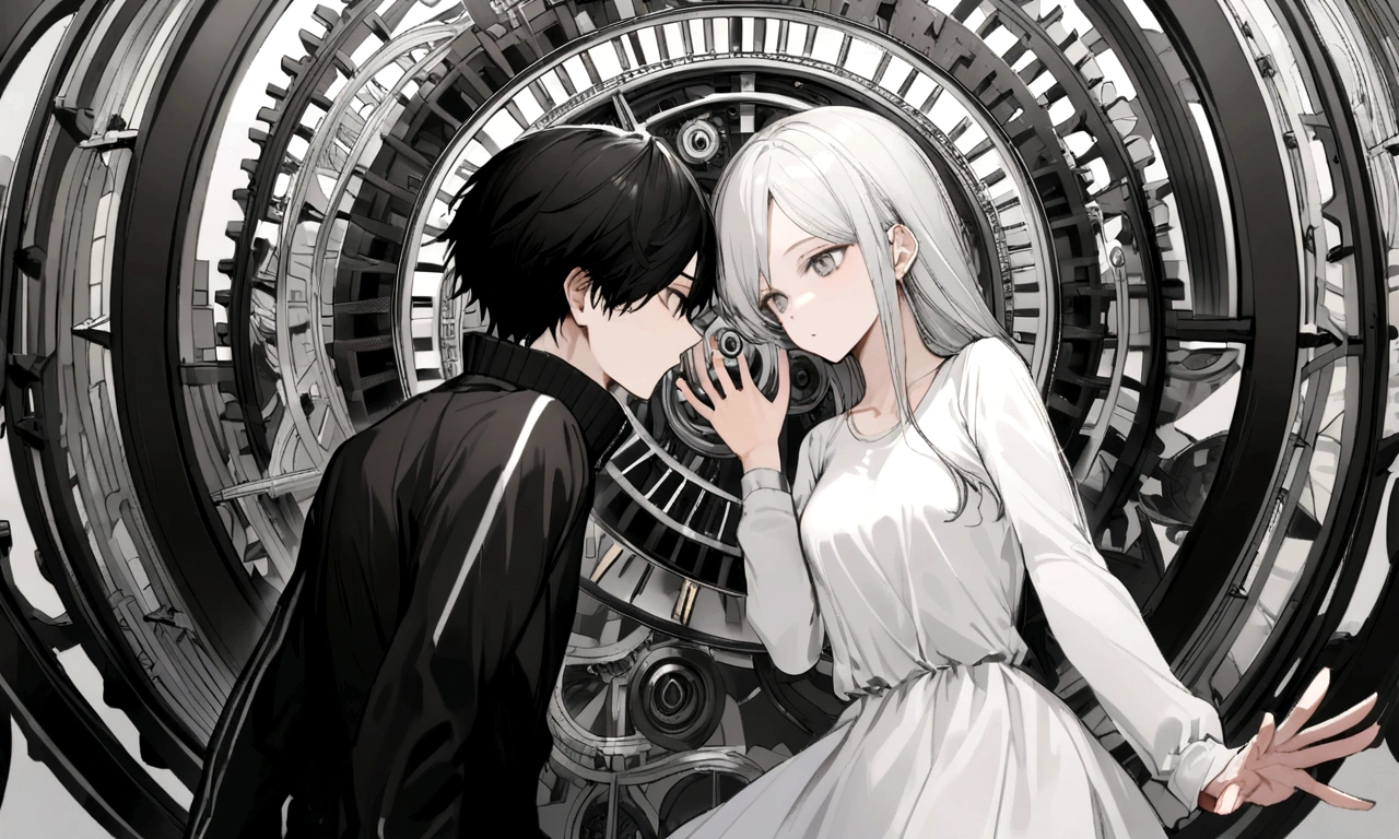 black and white drawing, giant clockwork background, 2 human, 26 year old male 1, black neat hair, a lonely face, wearing gray tracksuit, beautiful woman 1, wearing a white dress, reaching out to each other