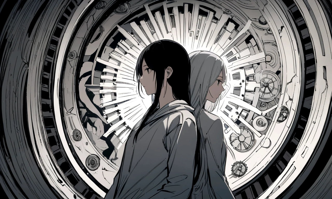 black and white drawing, giant clockwork background, 2 human, 26 year old male 1, black neat hair, a lonely face, wearing gray tracksuit, beautiful woman 1, wearing a white dress, reaching out to each other