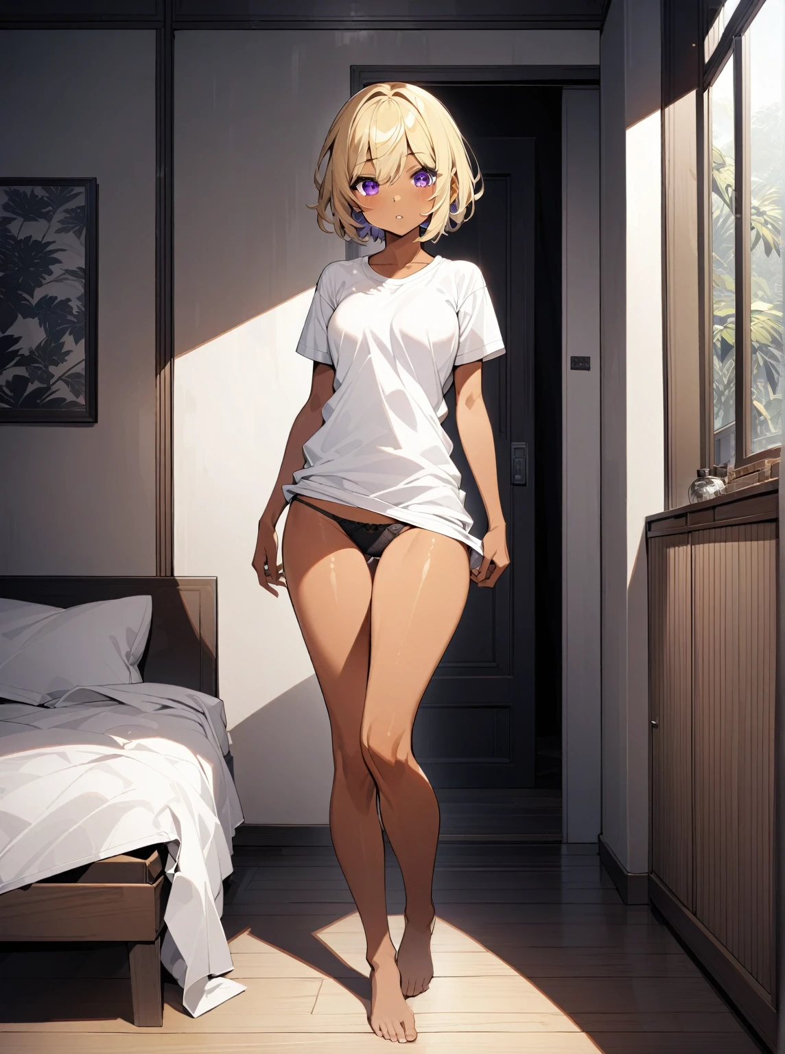 {{Full-body shot}} 1 chica, solo, short blonde hair, Purple eyes, Tanned skin ., voluptuoso cuerpo curvilíneo, interior,   clothes without skirt, black panties, Background of a room , Just wearing a white t-shirt and a pair of panties, intricate, perfect body 
