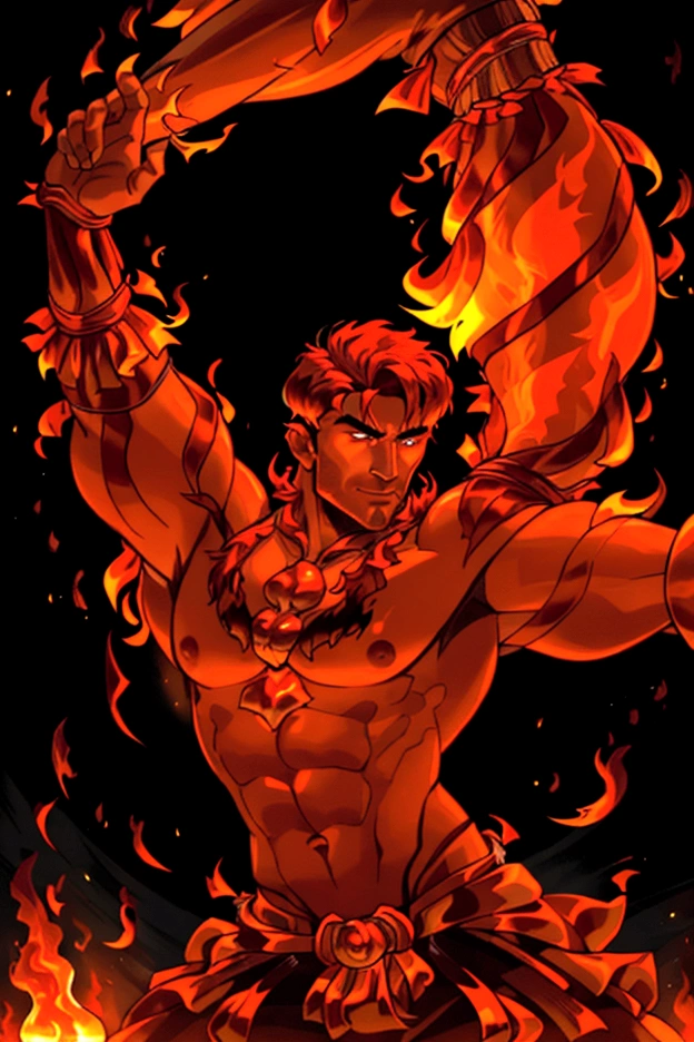God of fire, a handsome muscular male fire dancer performing dramatic dance moves with mesmerizing fire effects, big chest, big pectorals, big nipples, cinematic dramatic lighting, incredible detail, 4k, photorealistic, captivating, magnificent, extraordinary, enchanting, fantasy, (1man Fire Dancer:1.4),flames,graceful