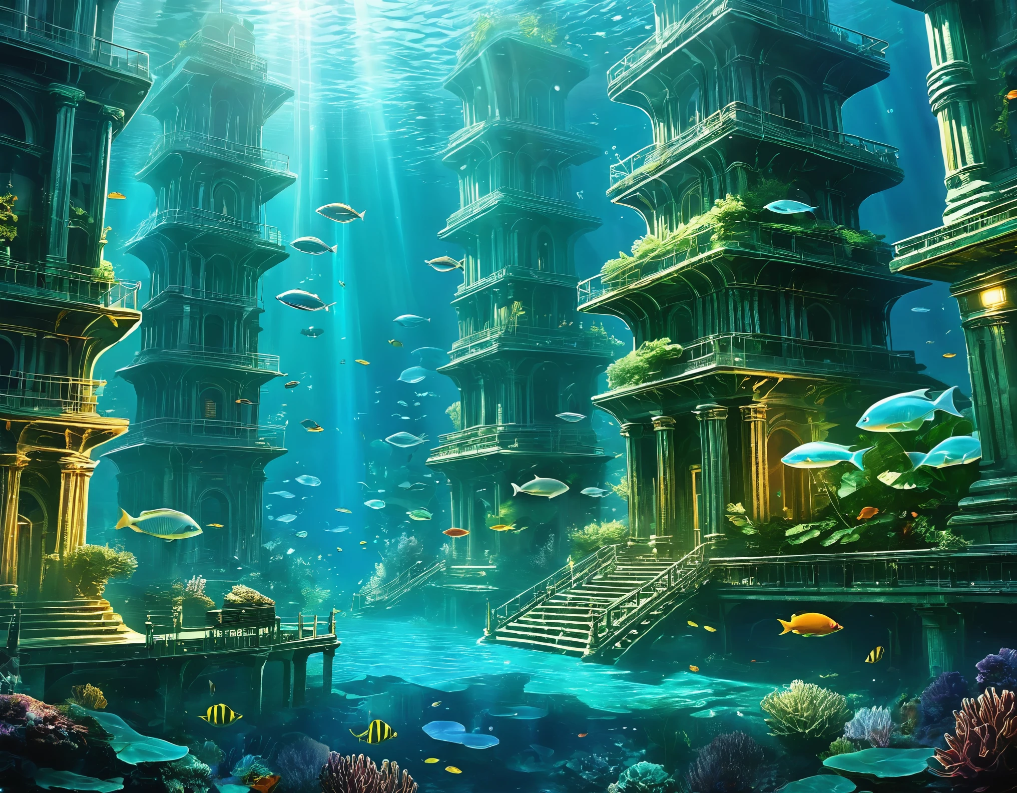 Create an AI artwork that envisions a futuristic metropolis submerged underwater. Show advanced architecture, aquatic life, and ethereal lighting effects. The image should evoke a sense of wonder and exploration.