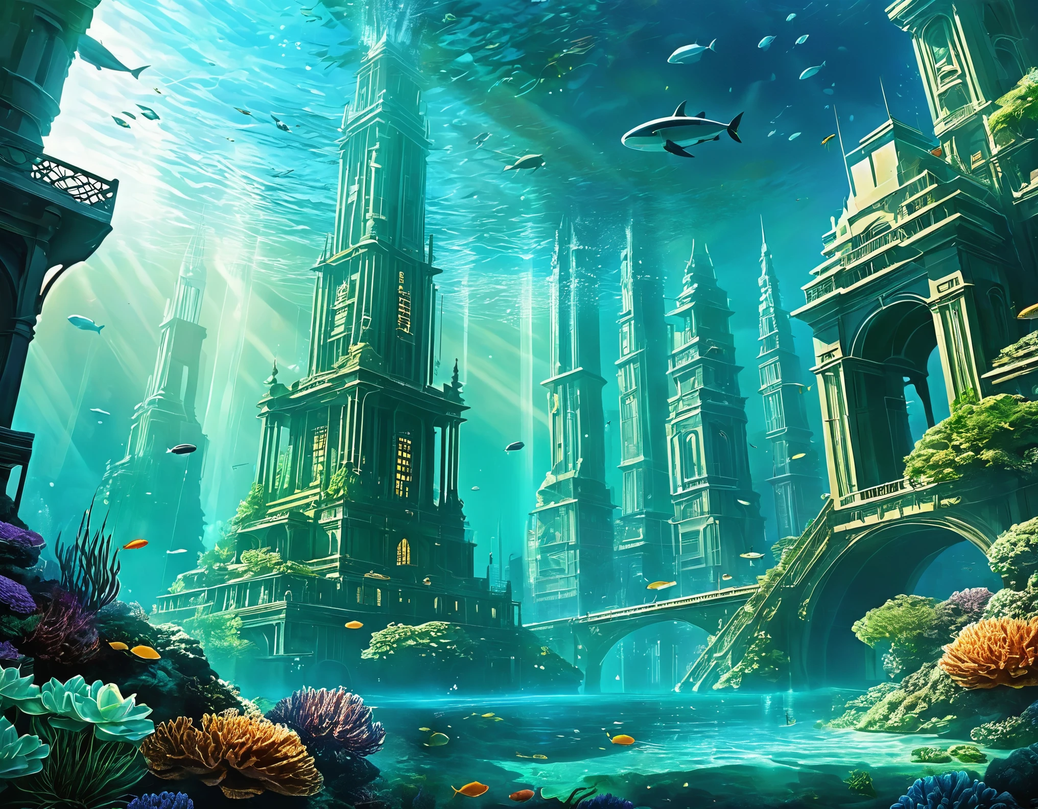Create an AI artwork that envisions a futuristic metropolis submerged underwater. Show advanced architecture, aquatic life, and ethereal lighting effects. The image should evoke a sense of wonder and exploration.