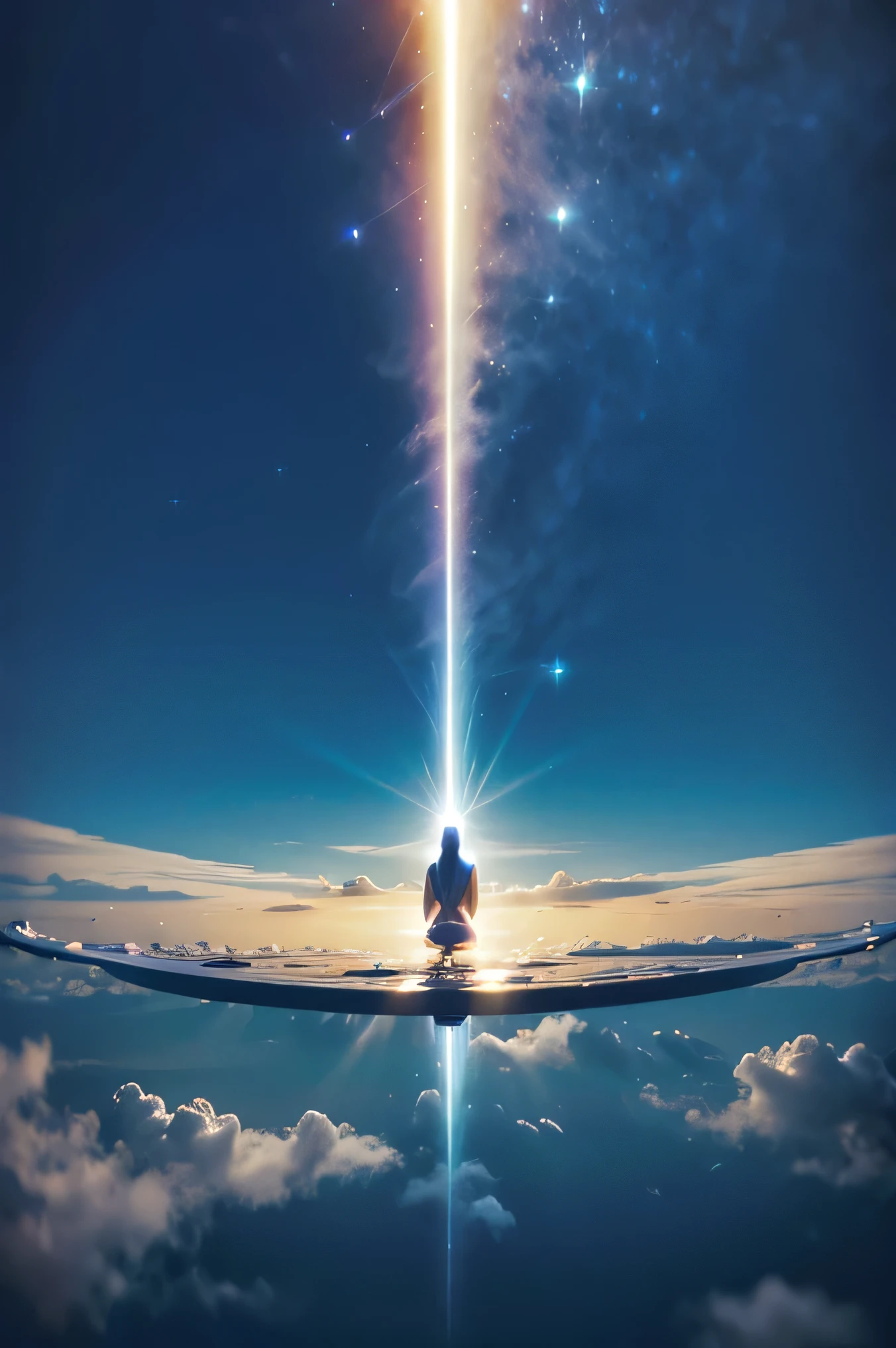 A BEING BEING ENLIGHTENED AND ASCENDING TO THE HEAVEN IN LEVITATION, AND BEING RECEIVED BY GOD, WHO HAS NO HUMAN FORM, THE SKY HAS SHADES OF CREAM BLUE
