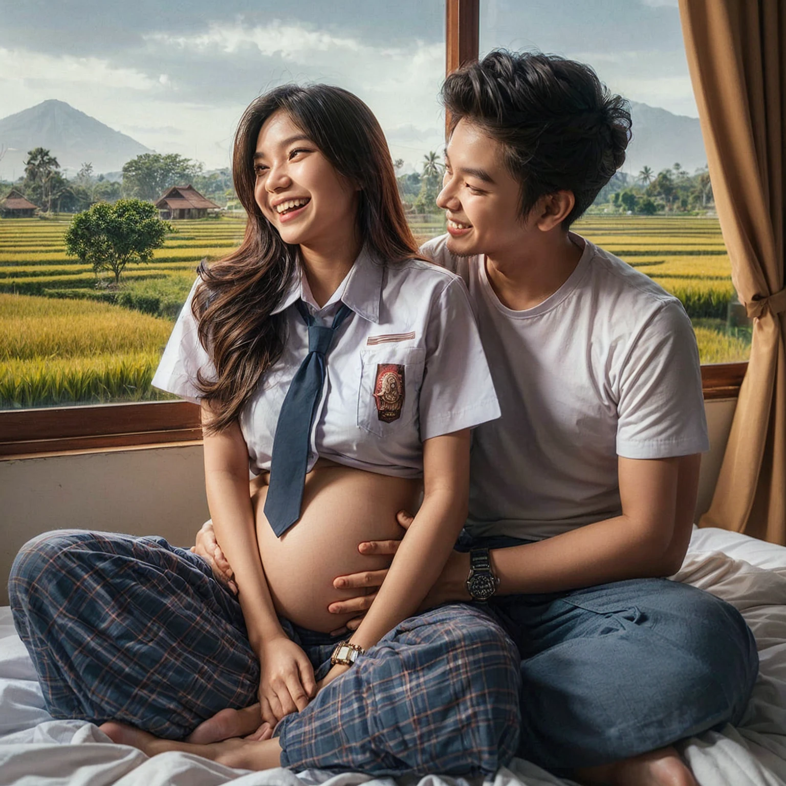 8k, raw photo, photografphy, A young Indonesian couple, both 20 years old, sitting and laughing together. The wife, who appears pregnant, is wearing an Indonesian high(white shirt, gray skirt), and the husband is holding her belly. The background is a bedroom with a window showing a countryside view, in realistic, ultra HD, masterpiece quality.