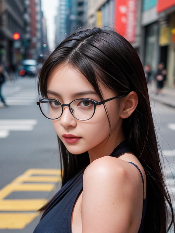 (RAW Photos, Highest quality), (Glasses), masterpiece, Natural light, 1 Girl, Stylish, Female Model, Fashion Street, Mode, accessories, Colorful background, Urban landscape, style, looking at the camera, Cool look, head shot
