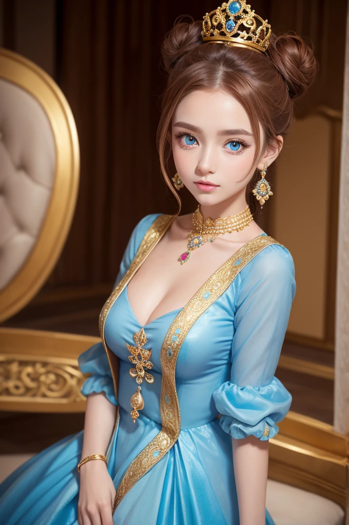 Kizi, chestnut hair,blue colored eyes,bun in her hair,golden jewelry,princess dress