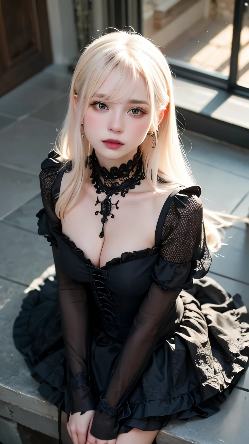 (UHigh resolution, retina, masterpiece, Accurate, Anatomically correct, Textured skin, Very detailed, Attention to detail, high quality, 最high quality, High resolution, 1080P, High resolution, 4K, 8k, 16K), (Beautiful details, Beautiful lip detail, Very detailedな目と顔), Studio Lighting, Physically Based Rendering, Vibrant colors, (Gothic Dress), (Portraiture, Black, shining hair, Glowing Skin), [Stained Glass Windows, Bokeh], (incline one's head to the side:1.5), Eye Reflexes, (blush:1.5), (Gothic art, Pale skin, From above:1.5), Monochrome,