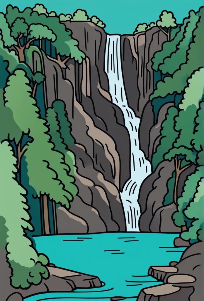 /Imagine Prompt: Waterfall illustration for banner on white background, bold outline style, irregular, Trashcore, light shading