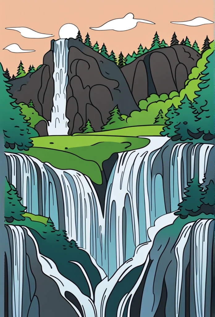 /Imagine Prompt: Waterfall illustration for banner on white background, bold outline style, irregular, Trashcore, light shading