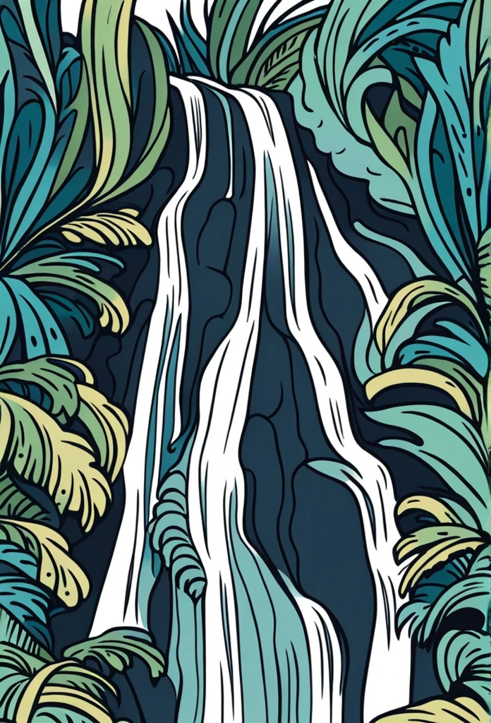 /Imagine Prompt: Waterfall illustration for banner on white background, bold outline style, irregular, Trashcore, light shading