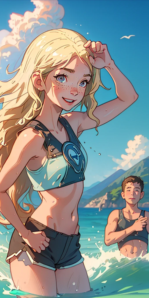 (best quality, masterpiece), 1girl, upper body, paw pose, smile, laughing, happy, ocean, crop top, shorts, blonde, freckles, blush, looking at viewer, wavy hair, long hair, cloud, splashing, waves, sun, mountain, wet