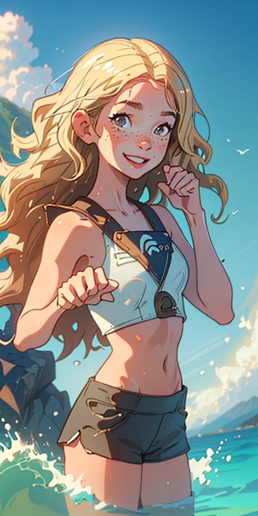 (best quality, masterpiece), 1girl, upper body, paw pose, smile, laughing, happy, ocean, crop top, shorts, blonde, freckles, blush, looking at viewer, wavy hair, long hair, cloud, splashing, waves, sun, mountain, wet