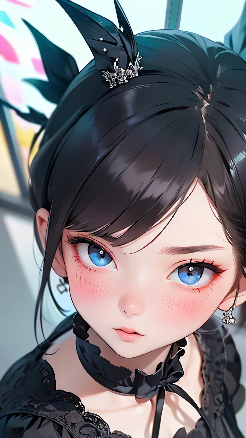 (UHigh resolution, retina, masterpiece, Accurate, Anatomically correct, Textured skin, Very detailed, Attention to detail, high quality, 最high quality, High resolution, 1080P, High resolution, 4K, 8K, 16K), (Beautiful details, Beautiful lip detail, Very detailed目と顔), Studio Lighting, Physically Based Rendering, Vibrant colors, (Gothic Dress), (Portraiture, Shiny Hair, Shiny skin), [Stained Glass Windows, Bokeh], (incline one's head to the side:1.5), Eye Reflexes, (blush:1.5), (Gothic art, Pale skin, From above:1.5), Monochrome,