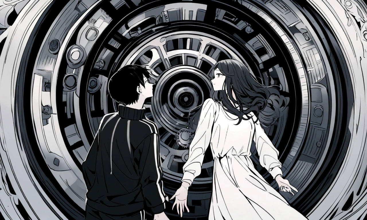 black and white drawing, giant clockwork background, 26-year-old male on the left 1, black neat hair, a lonely face, wearing gray tracksuit, Beautiful woman on the right 1, wearing a white dress, reaching out to each other