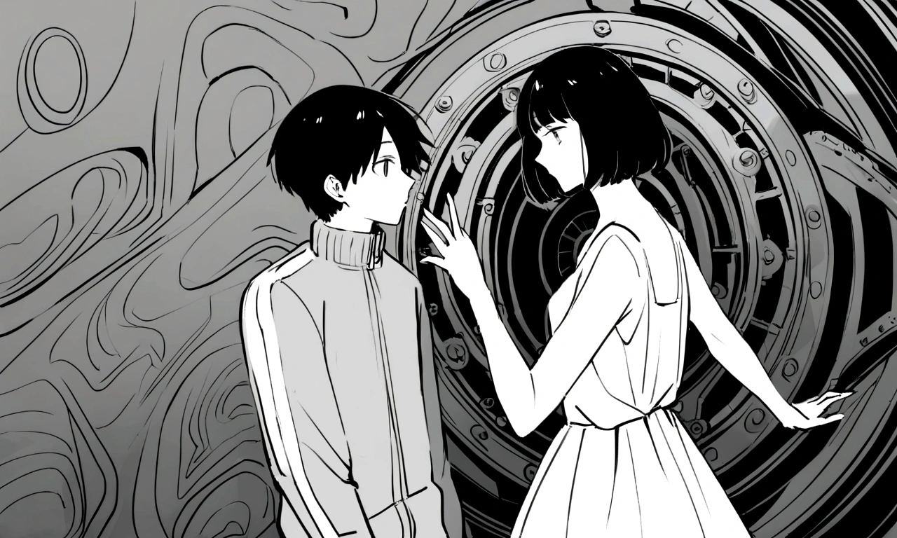 black and white drawing, giant clockwork background, 26-year-old male on the left 1, black neat hair, a lonely face, wearing gray tracksuit, Beautiful woman on the right 1, wearing a white dress, reaching out to each other