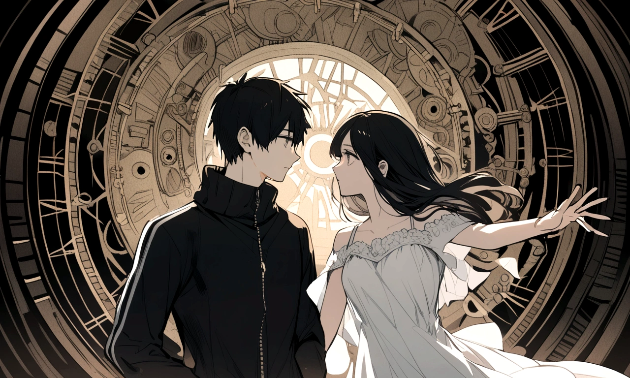 black and white drawing, giant clockwork background, 26-year-old male on the left 1, black neat hair, a lonely face, wearing gray tracksuit, Beautiful woman on the right 1, wearing a white dress, reaching out to each other
