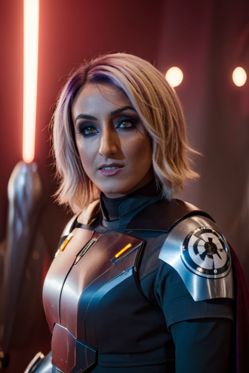a photograph of a blonde Jessica Nigri cinematic photo sabine wren wearing armor at observatory. 35mm photograph, film, bokeh, professional, shot by david lachapelle, 4k, highly detailed