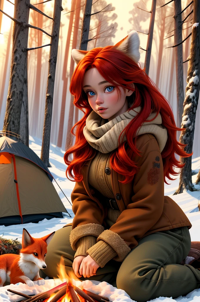 a beautiful girl with a cute pet fox, red hair, european, in a winter forest, warm fur clothes, (perffect eyes), fully clothed, sitting nest to a camp fire, uhd, high contrast, deep shadows, unreal engine, 8k, bright and vivid colors, (intense lighting: 1.3), award winning masterpiece, extremely detailed, detailed background, cinematic,