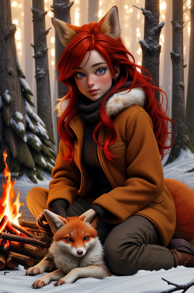 a beautiful girl with a cute pet fox, red hair, european, in a winter forest, warm fur clothes, (perffect eyes), fully clothed, sitting nest to a camp fire, uhd, high contrast, deep shadows, unreal engine, 8k, bright and vivid colors, (intense lighting: 1.3), award winning masterpiece, extremely detailed, detailed background, cinematic,