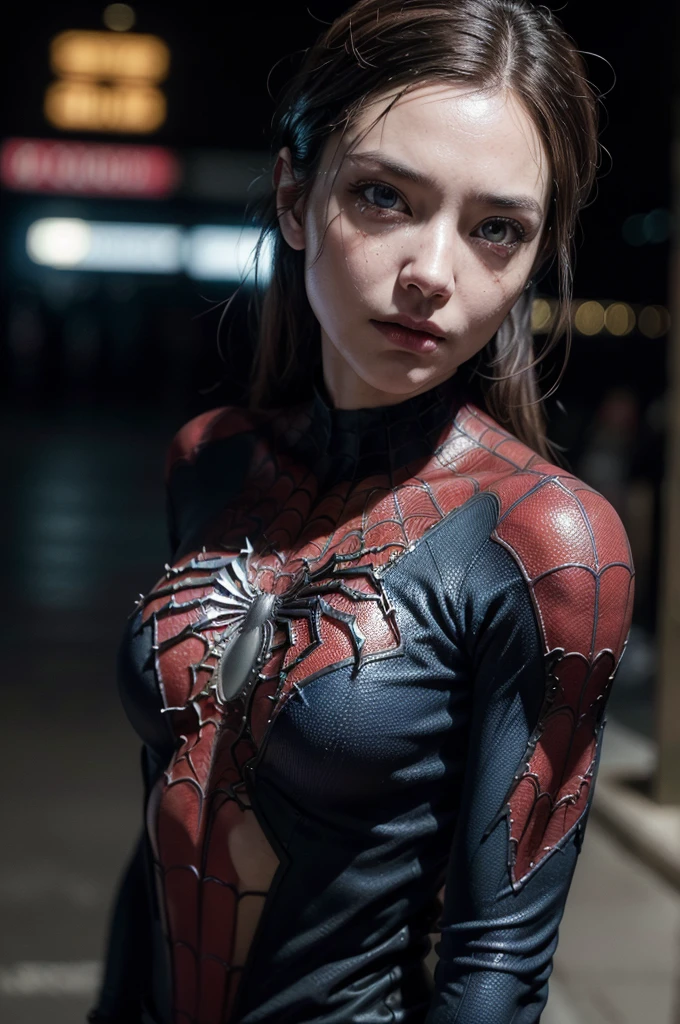 Spiderman as a zombie,(top-quality、8K、32K、masterpiece、nffsw:1.3)、(The ultra -The high-definition)、(Photorealsitic:1.4)、Raw photography,Perfect eyes,Charming perfect figure,actionpose:1.2,Detailed cyberpunk fashion、World of Cyberpunk,depth of fields,blurry backround,、