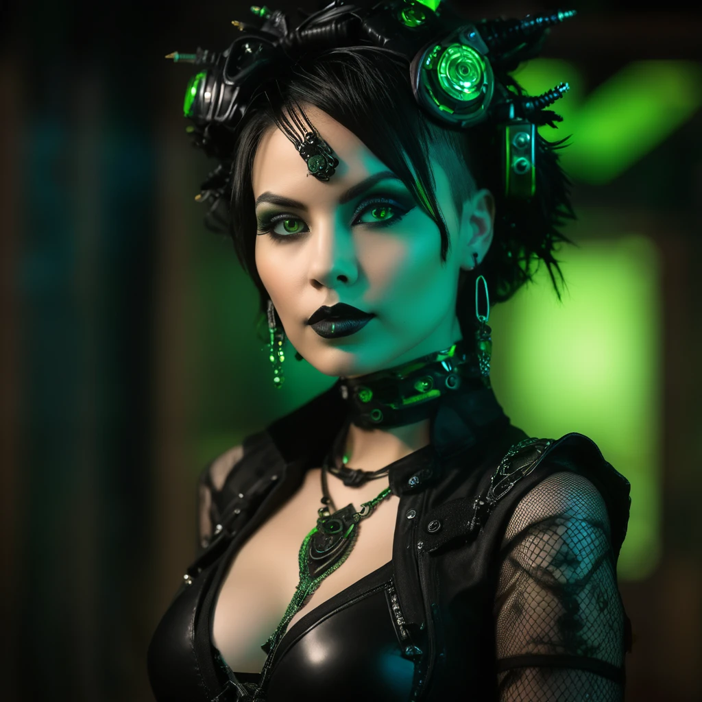 photo portrait de face d'une femme vêtue de vêtements noirs ouverts de femdom, yeux vert clair, coiffure audacieuse, haut court, culotte, Metal Jewelry, posture dynamique, beau corps, silhouette mince, Attractive cyberpunk dark fantasy, Sensuel, dark styled, Dark Fantasy mixed with realism, fille gothique, dominatrice en jeu, femdom at play, Mistress, Attractive, very beautiful gothic top model, ambiance dark, gothic horror, The queen of dark gothic, Ambiance gothique, femme gothique, Brilliant and dark, ornamental gothic - cyberpunk, gothic - cyberpunk,