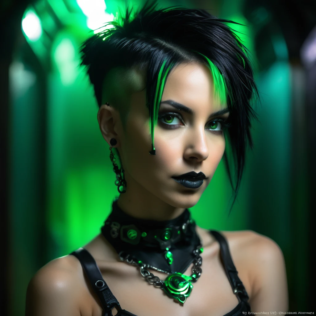 photo portrait de face d'une femme vêtue de vêtements noirs ouverts de femdom, yeux vert clair, coiffure audacieuse, haut court, culotte, Metal Jewelry, posture dynamique, beau corps, silhouette mince, Attractive cyberpunk dark fantasy, Sensuel, dark styled, Dark Fantasy mixed with realism, fille gothique, dominatrice en jeu, femdom at play, Mistress, Attractive, very beautiful gothic top model, ambiance dark, gothic horror, The queen of dark gothic, Ambiance gothique, femme gothique, Brilliant and dark, ornamental gothic - cyberpunk, gothic - cyberpunk,