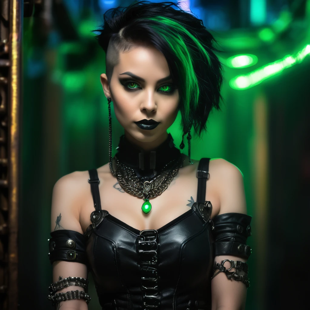 photo portrait de face d'une femme vêtue de vêtements noirs ouverts de femdom, yeux vert clair, coiffure audacieuse, haut court, culotte, Metal Jewelry, posture dynamique, beau corps, silhouette mince, Attractive cyberpunk dark fantasy, Sensuel, dark styled, Dark Fantasy mixed with realism, fille gothique, dominatrice en jeu, femdom at play, Mistress, Attractive, very beautiful gothic top model, ambiance dark, gothic horror, The queen of dark gothic, Ambiance gothique, femme gothique, Brilliant and dark, ornamental gothic - cyberpunk, gothic - cyberpunk,