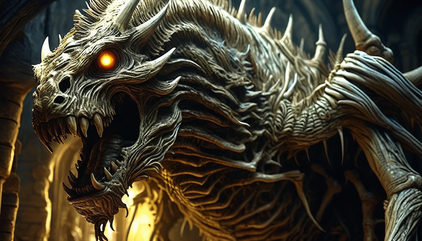 a monster made of bone, abject fear, dynamic, intricate details, hyper-realistic, dramatic lighting