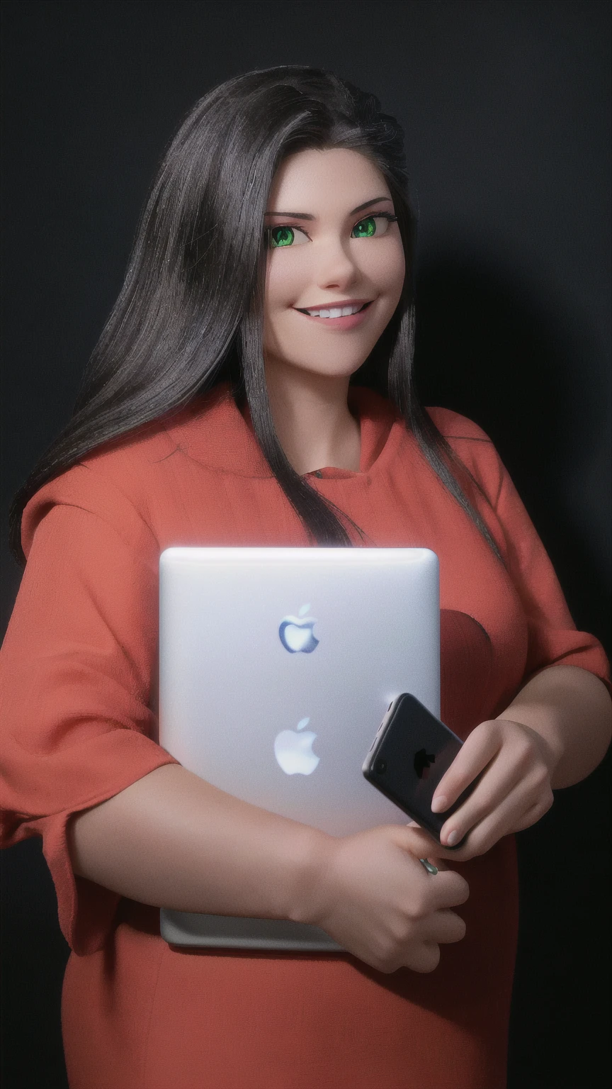 smiling woman with green eyes 3d pixar style holding an apple laptop and a cell phone in her hands, lorena avarez, alanis guillen, in front of a black background, with apple, standing with black background, with black background, Julia Fontes, carla ortiz, she is holding an apple smartphone, malika favre, fernanda suarez