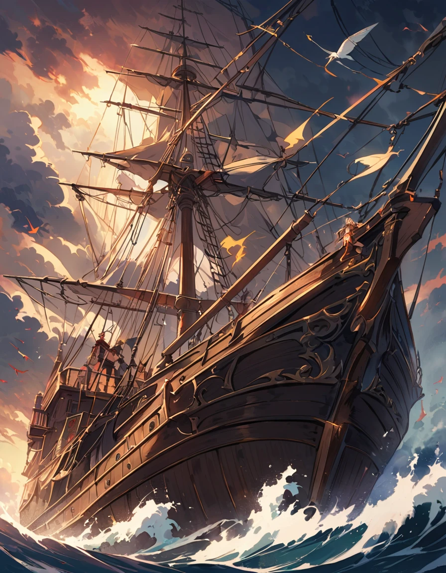 The time is the 19th century、A fierce battle between a Royal Navy sailing ship and a pirate ship in bad weather。Stormy Sea、As the waves crash high、The sound of gunfire echoes、White smoke billows from both ships。The Royal Navy sailors struggled on deck、While steering the ship, dodge enemy attacks and attempt to counterattack.。on the other hand、The pirate ship fought back.、Stormy Seaでの一進一退の攻防が繰り広げられている。