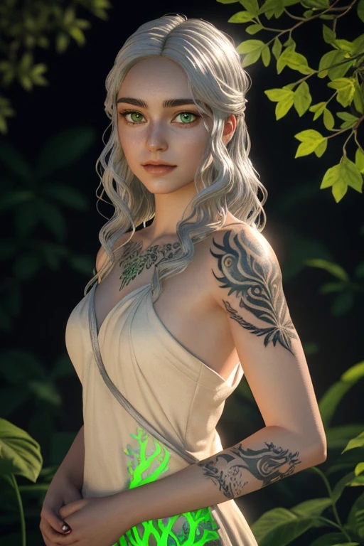 Arya, with her light golden skin and silver hair, spiritually merges with a resplendent tree. His green eyes glow brightly as the bioluminescent vine-shaped tattoo on his left arm glows.. The lighting is vibrant and bioluminescent, with soft focus and ultra detailed 3D rendering style.