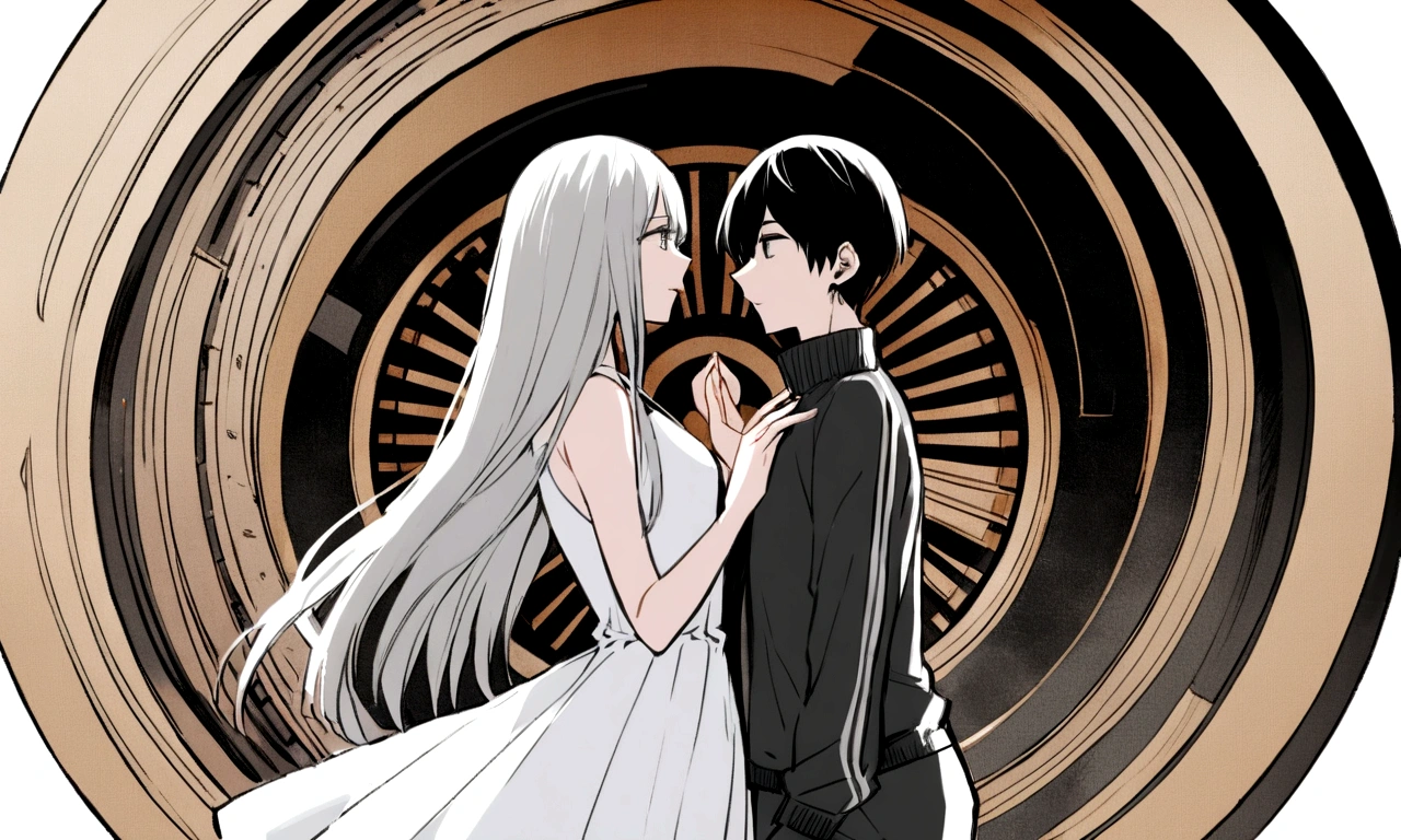 black and white drawing, giant clockwork background, 26-year-old male on the left 1, black neat hair, a lonely face, wearing gray tracksuit, Beautiful woman on the right 1, long straight hair, wearing a white dress, reaching out to each other