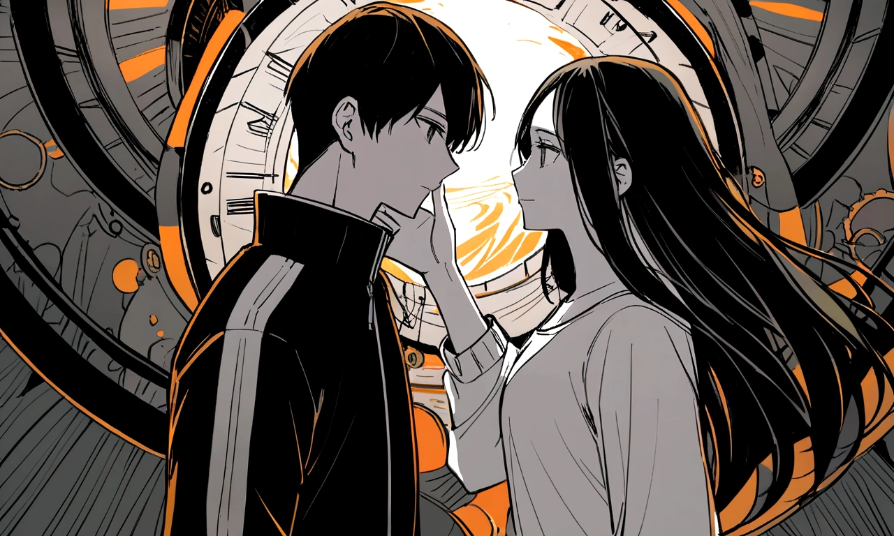 black and white drawing, giant clockwork background, 26-year-old male on the left 1, black neat hair, a lonely face, wearing gray tracksuit, Beautiful woman on the right 1, long straight hair, wearing a white dress, reaching out to each other