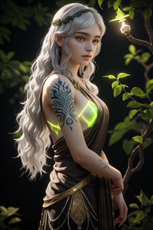 Arya, with her light golden skin and silver hair, spiritually merges with a resplendent tree. His green eyes glow brightly as the bioluminescent vine-shaped tattoo on his left arm glows.. The lighting is vibrant and bioluminescent, with soft focus and ultra detailed 3D rendering style.