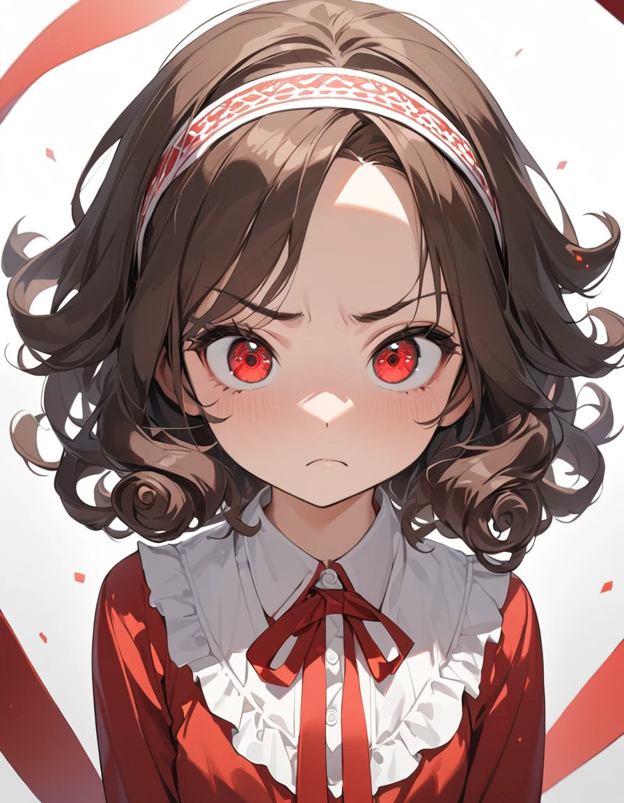 1girl, {masterpiece,best quality,ultra-detailed,beautiful detailed eyes}, {dark brown hair, short hair, flipped hair, curly hair, headband with ribbon, parted bangs}, Gradient eyes from black to red, cute girl, 17 years old, simple background,white background,frown,angry, kubrick stare, shirred blouse, kawaii