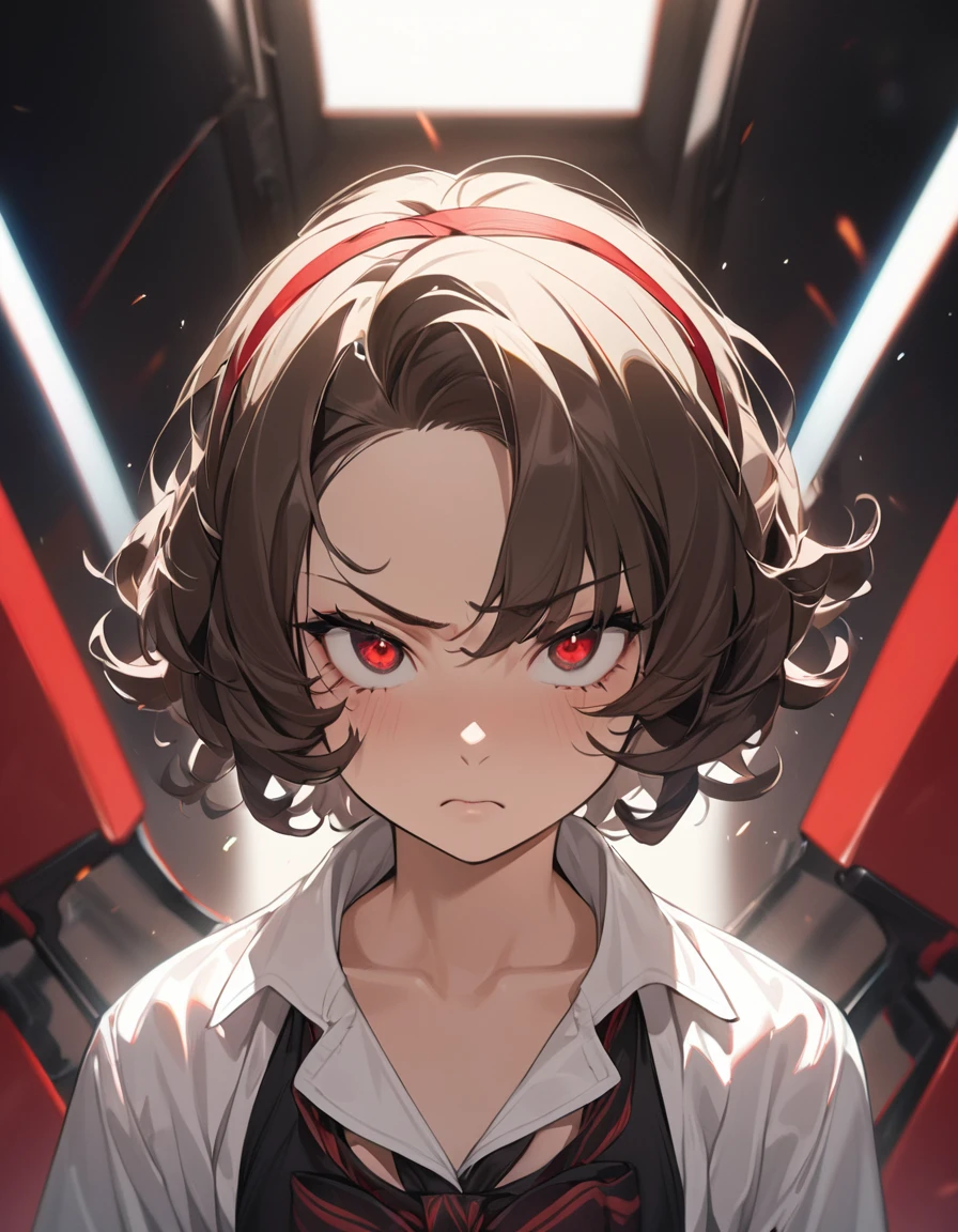 1girl, {masterpiece,best quality,ultra-detailed,beautiful detailed eyes}, {dark brown hair, short hair, flipped hair, curly hair, headband with ribbon, parted bangs}, Gradient eyes from black to red, cute girl, , simple background,white background,frown,angry, kubrick stare, shirred blouse, kawaii