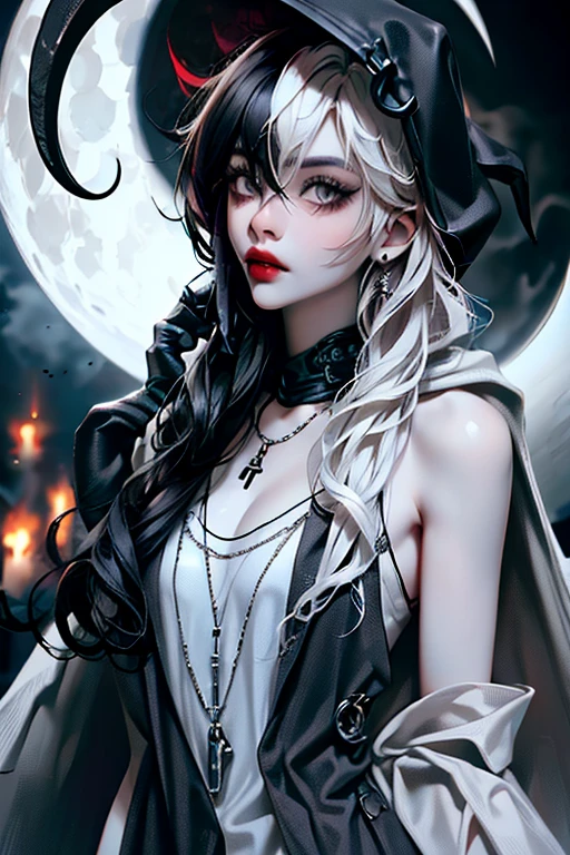 (masterpiece, best quality:1.2), [graveyar:girl:0.9], 1girl, solo, beautiful, gothic, witch, gloomy, Asian woman, mature, black clothing, hooded black robe, modest clothing, hood up, goddess of death, blank expression, split dye hair, multicolored hair, black and white hair, black dye on right side, white hair on left side, messy hair, bangs, black eyebrows, thick eyebrows, long eyelashes, grey eyes, dark circles under eyes, plump lips, red lipstick, red lips, no skin showing, skinny, pale skin, thin, sickly looking, looking at viewer, holding scythe, in graveyard, Wylona Hayashi, all black clothing, black hood, full body shot, cemetery background, standing, standing in a cemetery, holding scythe, windy, wind blowing, black long sleeves