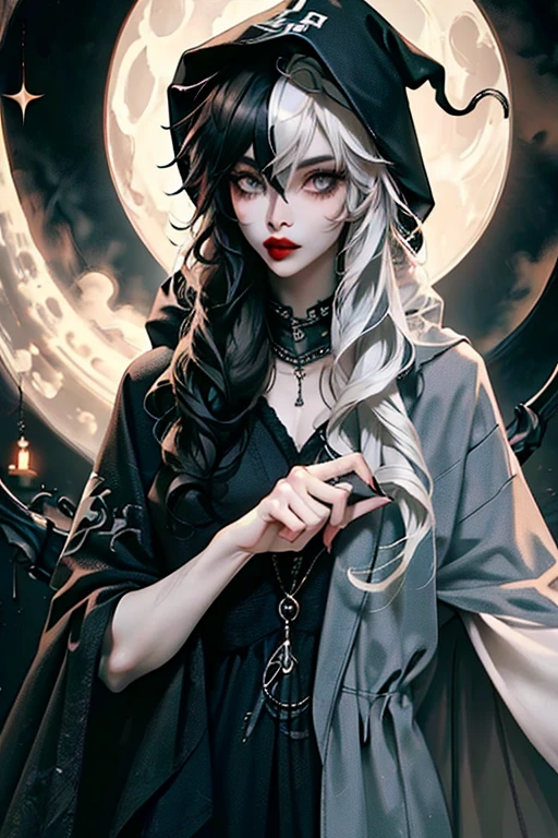 (masterpiece, best quality:1.2), [graveyar:girl:0.9], 1girl, solo, beautiful, gothic, witch, gloomy, Asian woman, mature, black clothing, hooded black robe, modest clothing, hood up, goddess of death, blank expression, split dye hair, multicolored hair, black and white hair, black dye on right side, white hair on left side, messy hair, bangs, black eyebrows, thick eyebrows, long eyelashes, grey eyes, dark circles under eyes, plump lips, red lipstick, red lips, no skin showing, skinny, pale skin, thin, sickly looking, looking at viewer, holding scythe, in graveyard, Wylona Hayashi, all black clothing, black hood, full body shot, cemetery background, standing, standing in a cemetery, holding scythe, windy, wind blowing, black long sleeves