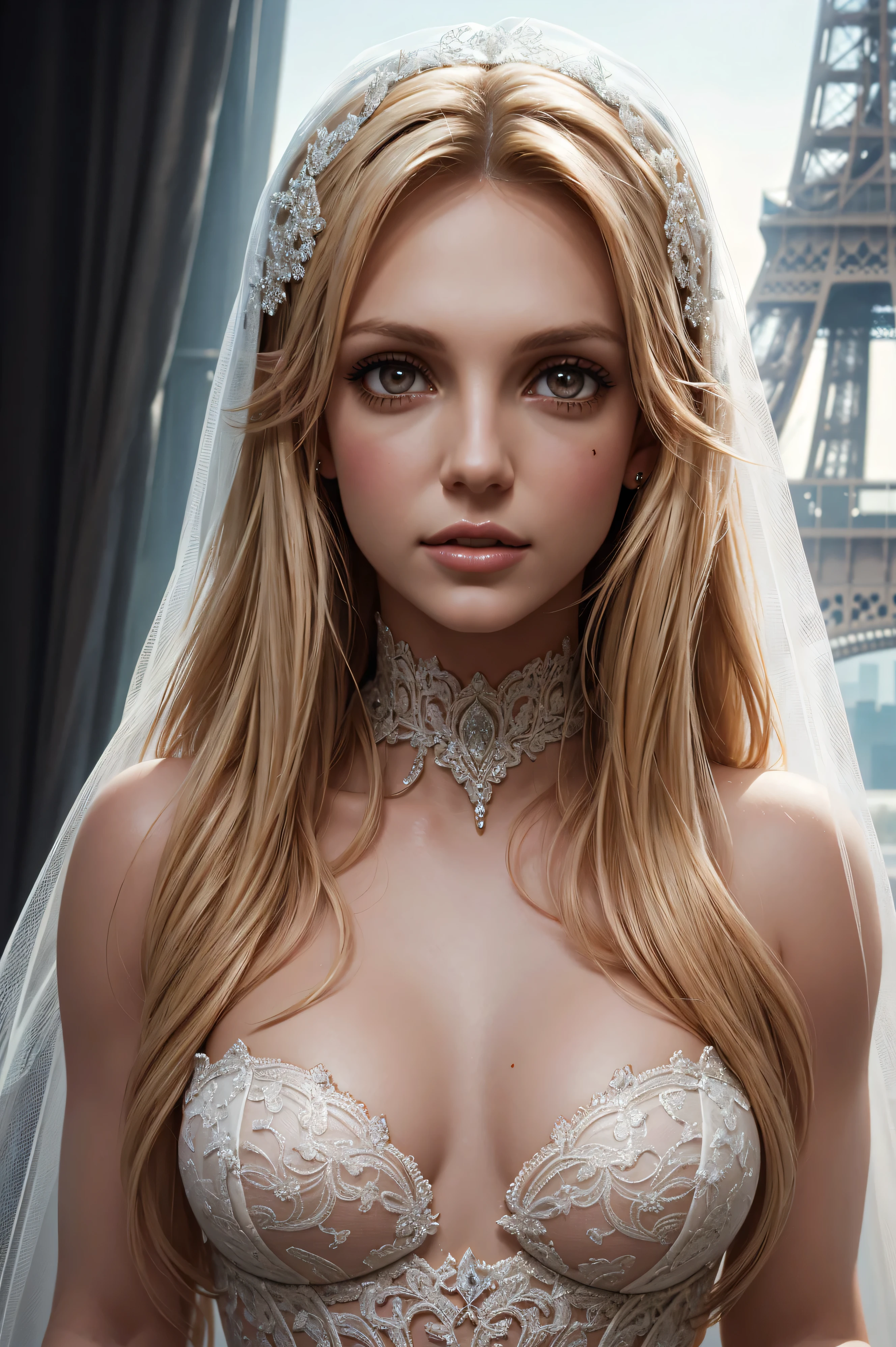 portrait Britney Spears, wearing breal bride costume, against the background of the Eiffel Tower, character portrait, 3 9 9 0 s, long hair, intricate, elegant, highly detailed, digital painting, artstation, concept art, smooth, sharp focus, illustration, art by wlop, charlie bowater and alexandra fomina, 36k