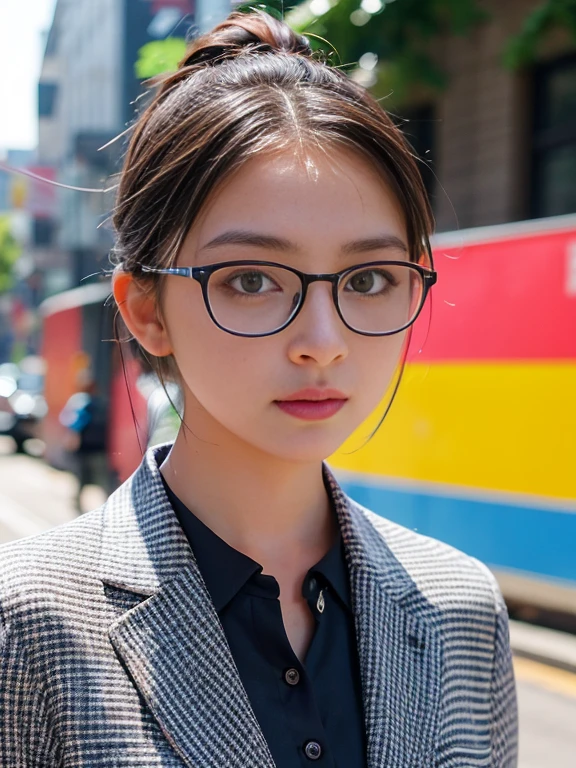 (RAW Photos, Highest quality), (Glasses), masterpiece, Natural light, 1 Girl, Stylish, Female Model, Fashion Street, Mode, accessories, Colorful background, Urban landscape, looking at the camera, Cool look, head shot
