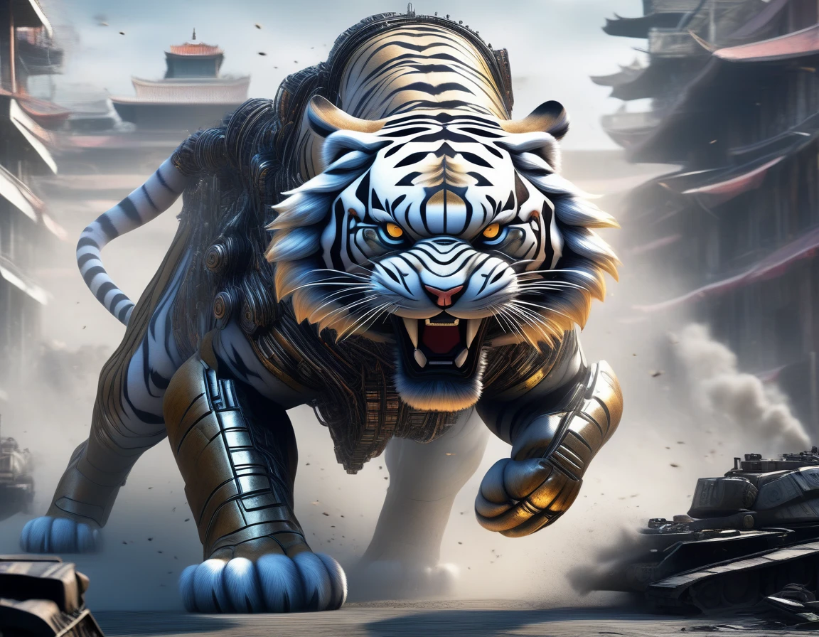 ((Masterpiece)), ((Best Quality)), (Very Detailed), ((Very Detailed)), 4K, (8K), very aesthetic, absurdres highres, Create highly textured mechanical tiger artwork. This tiger has a metallic sheen and realistic texture and is constructed with detailed mechanical elements. The colors are metallic gray and silver, with hints of rust, giving it an aged but advanced technological look. The background is simple and focuses on the intricacy and craftsmanship of the tiger design, Create an animation of a cybernetic tiger attacking outdoors. The tiger should be slashing at enemies with its sharp claws and delivering powerful strikes with its front legs. The background should feature a war-torn battlefield with destroyed buildings.
