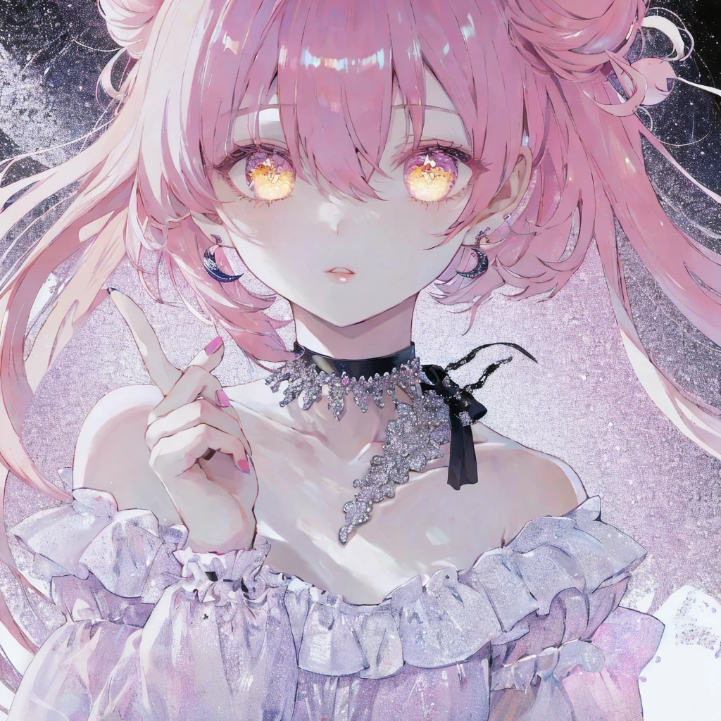 zyc, 1girl, pink hair, pink nails, solo, earrings, jewelry, crescent earrings, looking at viewer, nail polish, parted lips, crescent, yellow eyes, long hair, bangs, ribbon, bare shoulders, collarbone, sparkle, multicolored eyes, hair bun, upper body, bow, hair between eyes, black ribbon, choker, gem, fingernails, hand up, portrait, off shoulder, detached collar