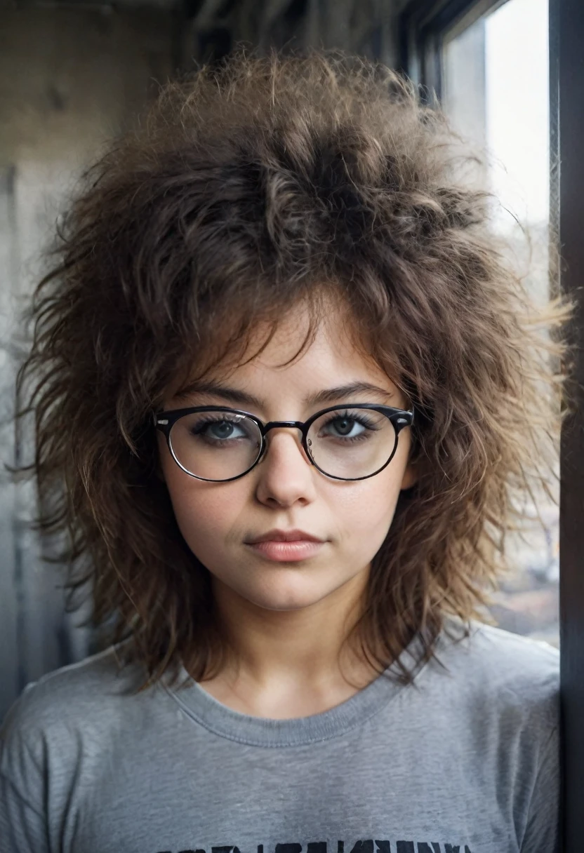 photo portrait of a young chubby brown-eyed Russian girl wearing glasses with lenses, corneal reflections, Detailed human skin texture, fuzz on the skin, Fluffy hair, 80s punk rock brown tousled hair, gray t-shirt, without cosmetics or make-up, peering into the horizon, in room, a dark room, depth of field, backlight