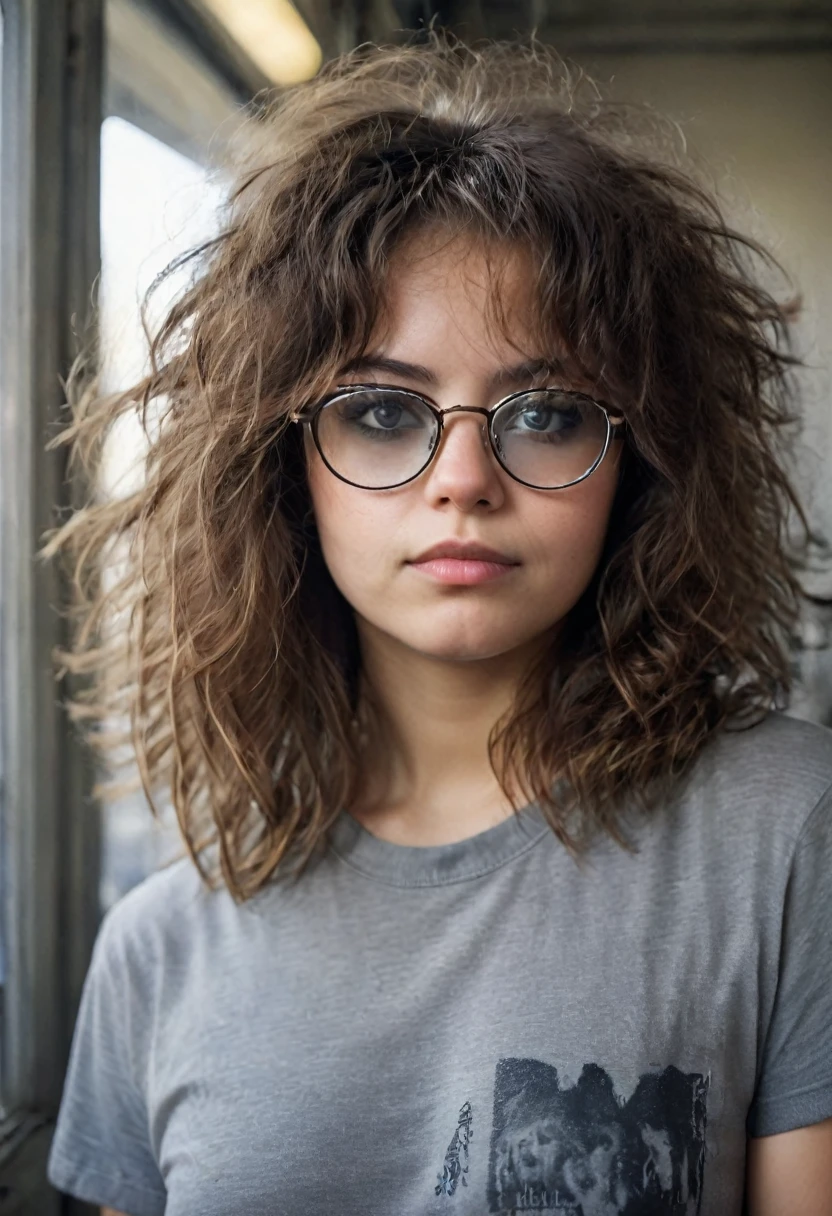 photo portrait of a young chubby brown-eyed Russian girl wearing glasses with lenses, corneal reflections, Detailed human skin texture, fuzz on the skin, Fluffy hair, 80s punk rock brown tousled hair, gray t-shirt, without cosmetics or make-up, peering into the horizon, in room, a dark room, depth of field, backlight