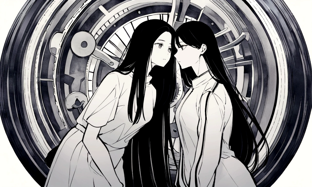 black and white drawing, giant clockwork background, 26-year-old male on the left 1, black neat hair, a lonely face, wearing gray tracksuit, Beautiful woman on the right 1, long straight hair, wearing a white dress, reaching out to each other