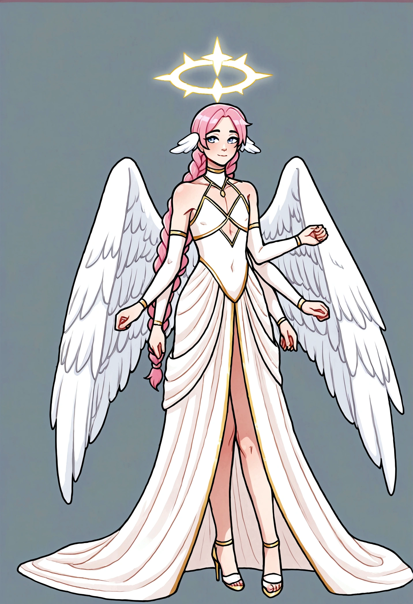 Angel femboy 4 white wings, halo, geisha outfit, pink braided hair, 4 arms, full body.