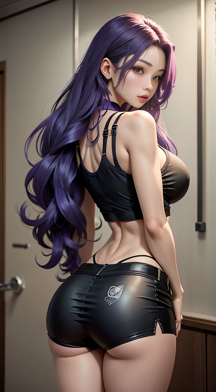 sfw, Girl with long purple hair, Slim, bike shorts, seen from behind, wearing bra,((skinny waist)), young asian girl, ((big breasted)),