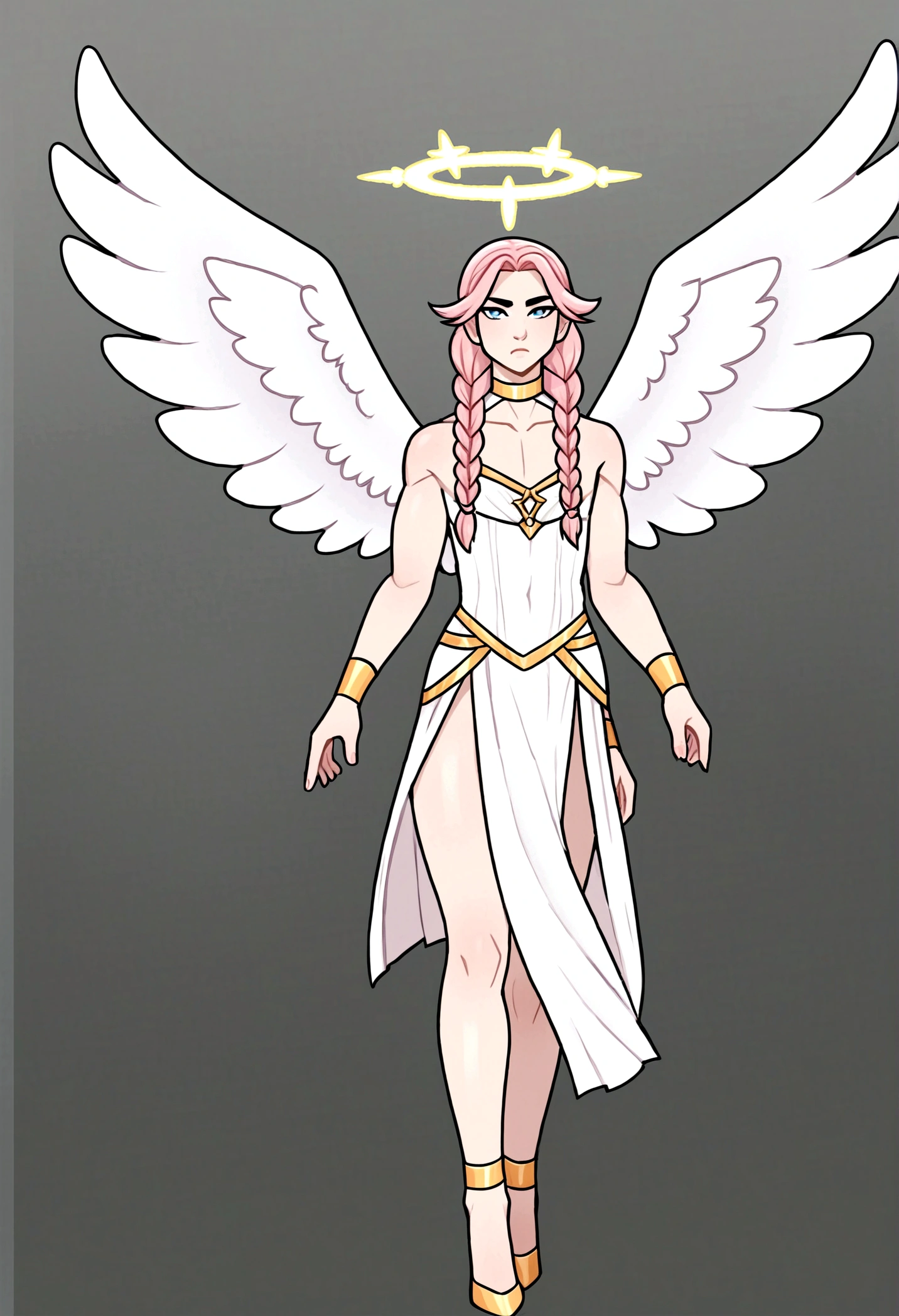 Angel femboy 4 white wings, halo, geisha outfit, pink braided hair, 4 arms, full body.