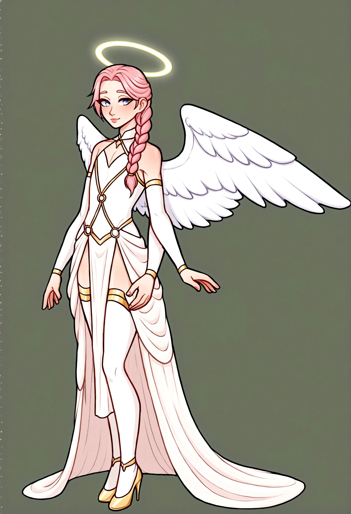 Angel femboy 4 white wings, halo, geisha outfit, pink braided hair, 4 arms, full body.